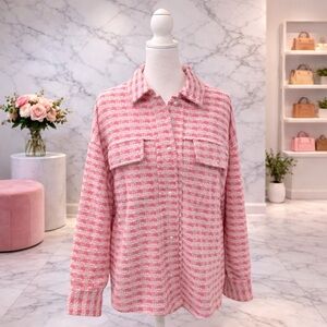 White Birch Pink Tweed Faux Pearl Button Shirt Jacket Small Oversized NWOT